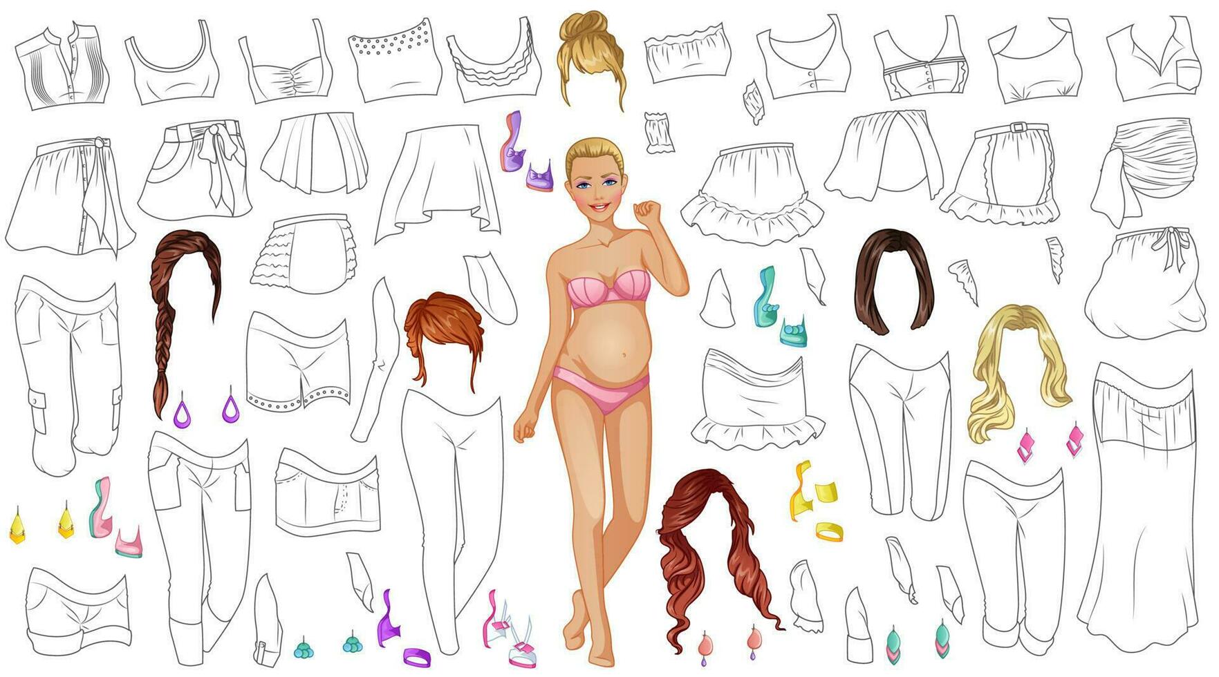 Pregnancy Coloring Paper Doll with Outfits, Hairstyles and Accessories. Vector Illustration