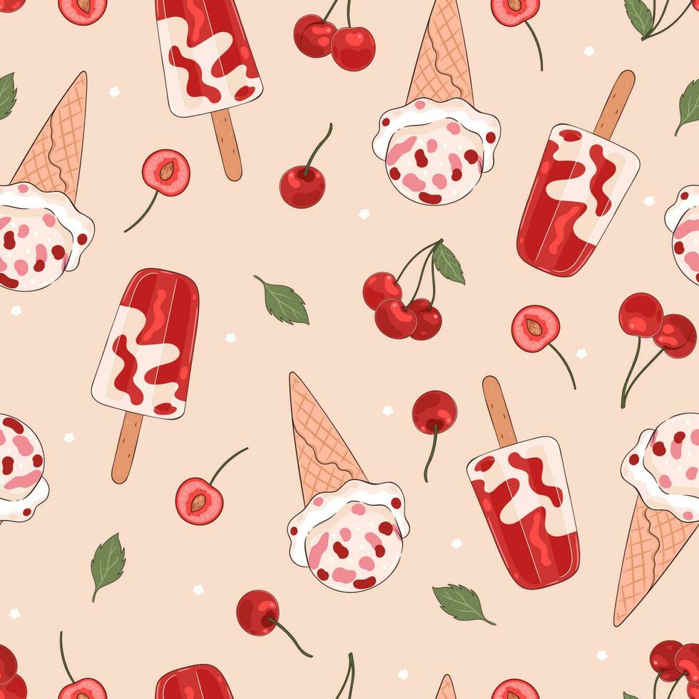 Seamless pattern with cherry ice cream and berries. Vector graphics.