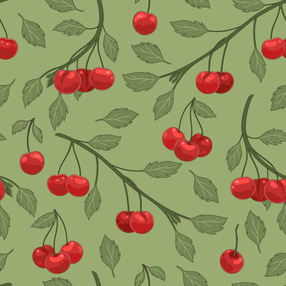 Seamless pattern with cherry branches and berries. Vector graphics.