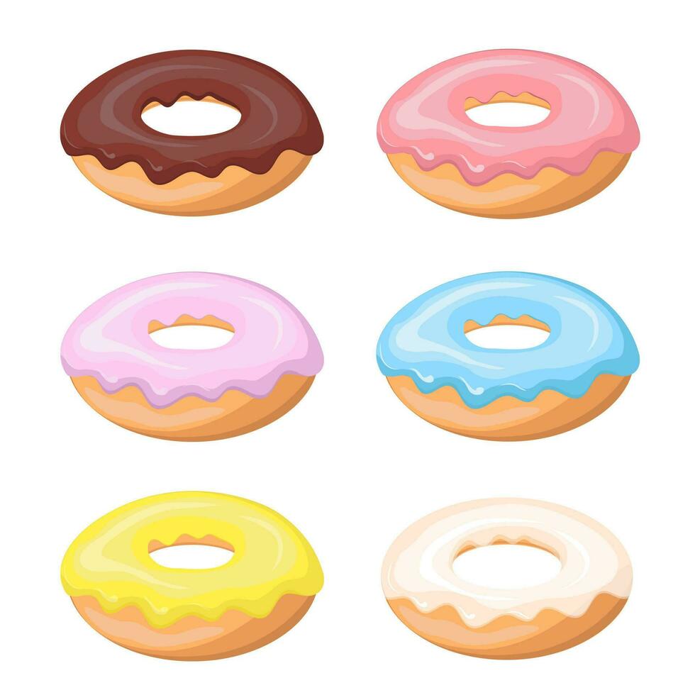 Colorful glazed donut set on white background. Set sweet birthday pastry. Confectionery dessert. For menu design, cafe decoration, delivery box. Vector illustration in flat style