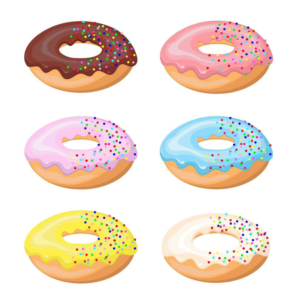 Colorful glazed donut set on white background. Set sweet birthday pastry. Confectionery dessert. For menu design, cafe decoration, delivery box. Vector illustration in flat style