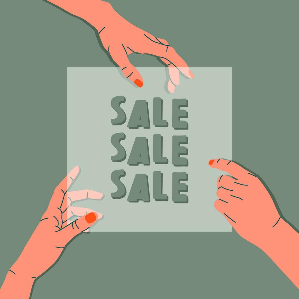 Hands holding transparent sale card banner design. Discount, sale, black Friday conceptual drawing. Modern vector illustration. Special offers banner for web and print.