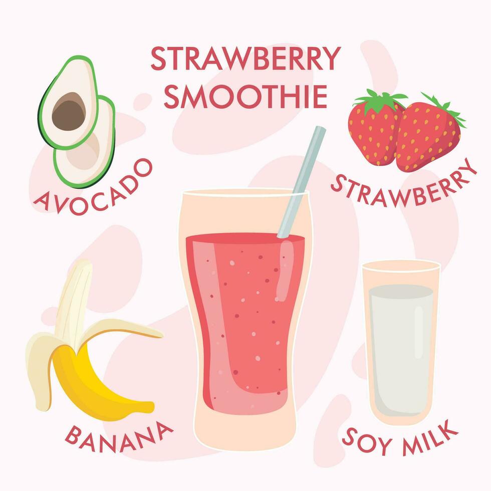 Illustration of healthy vegan strawberry smoothie recipe with ingredients on light background. Can be used as menu element for cafe or restaurant. vector