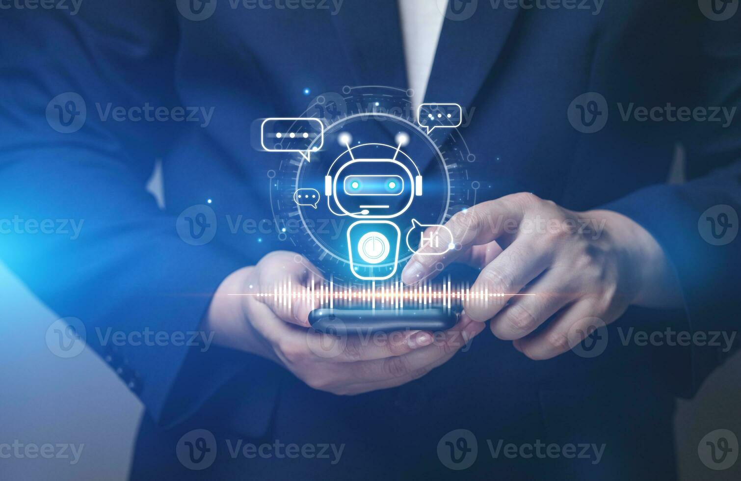 Online customer service by intelligent digital AI Chatbot application. Businessmen chat online with AI chatbots on smartphones. technology innovation robot, communication and answer with fast process. photo