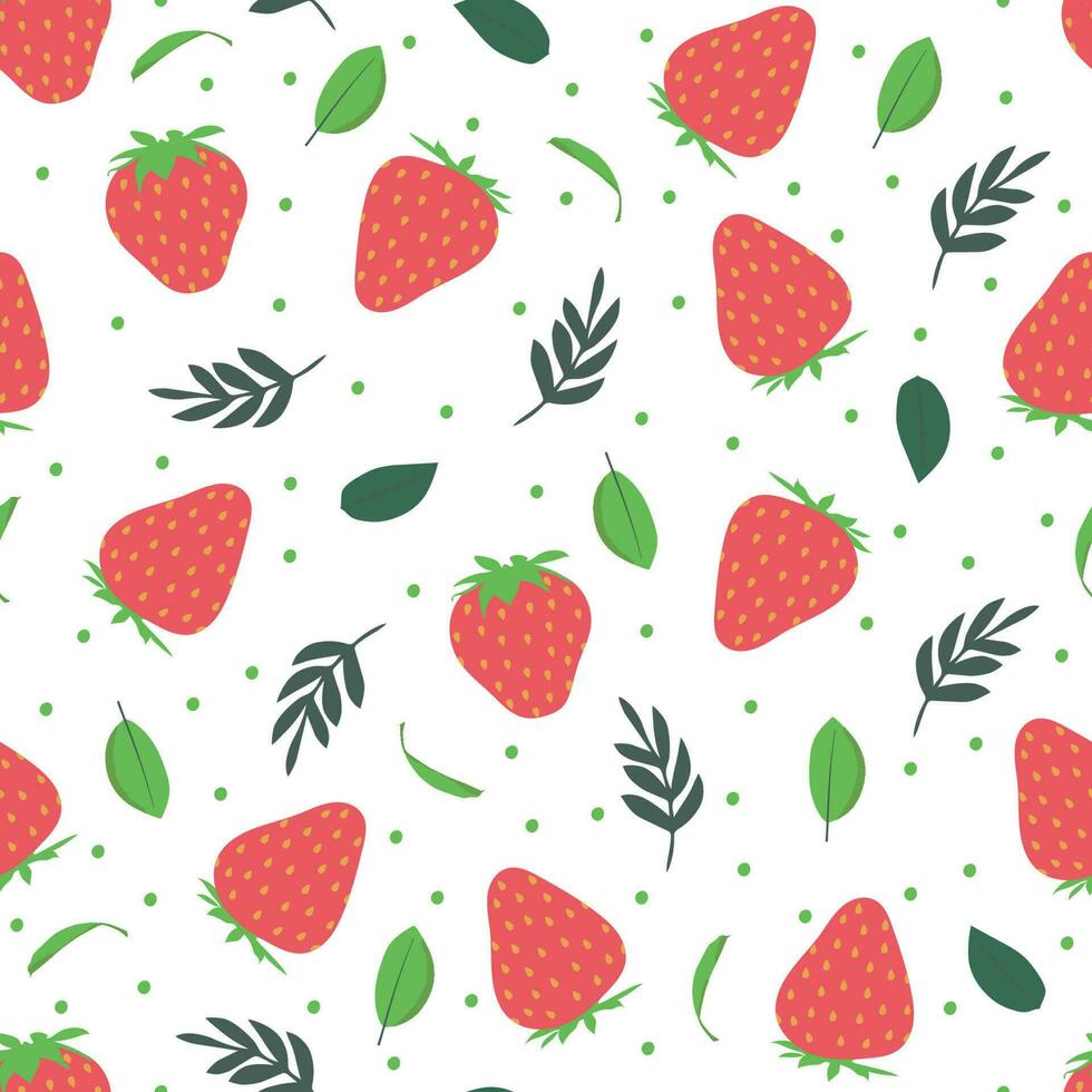 Strawberry with leaves vector pattern background. Fruit illustration isolated on white background. Seamless background with red strawberries for wrapping paper, wallpaper