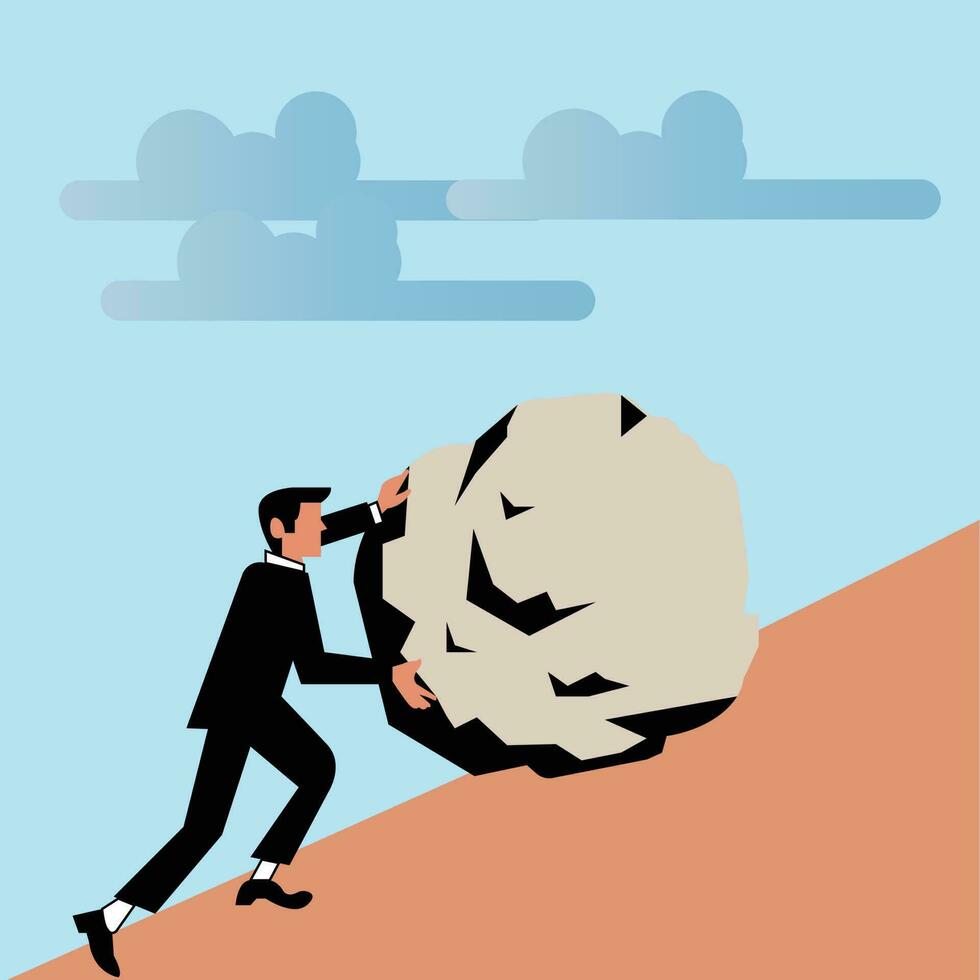 businessman pushing a rock up the mountain illustration vector