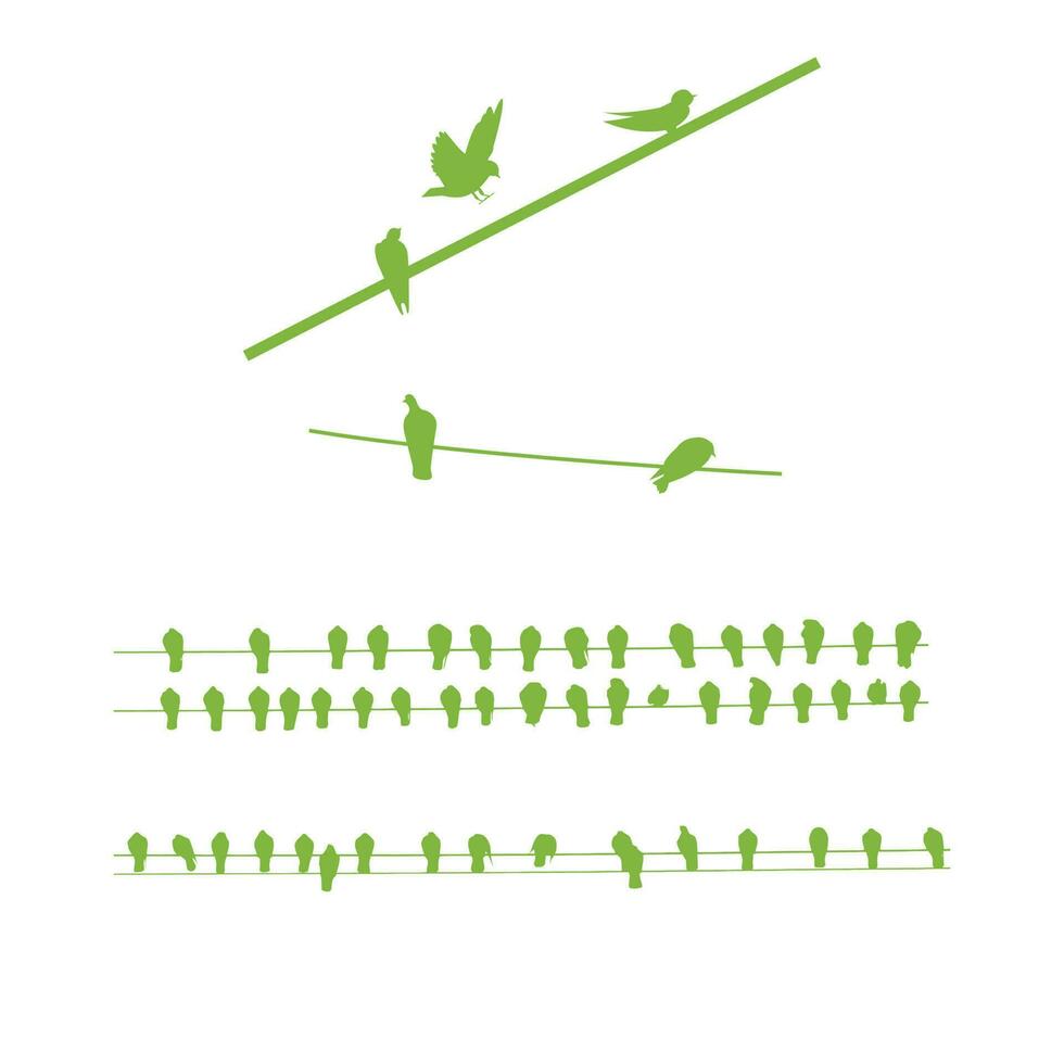 aves en un cable verde siluetas aislado en blanco antecedentes vector