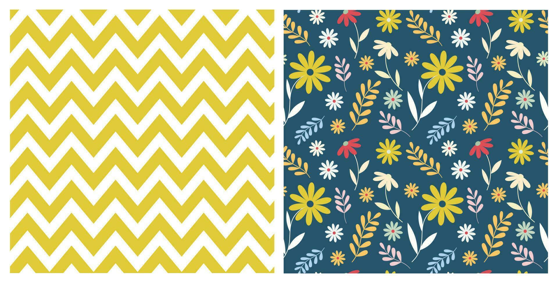 Set of seamless patterns with hand drawn wild flowers and chevron pattern on isolated background. Design for mothers day, Easter, springtime and summertime celebration, scrapbooking. vector