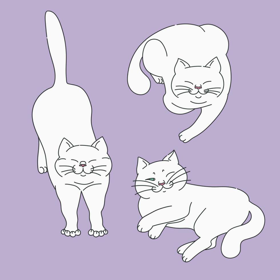 Cute white cats in different poses on purple background. Set of cat poses. Cat posing. Hand drawn vector art.