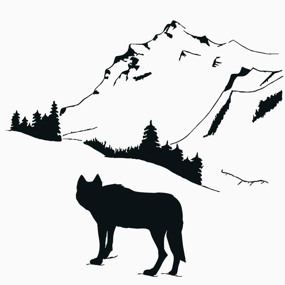 Wolf looking at mountains and forest. Hand drawn art in monochrome colors. Sketch of a wild nature. Animal and nature. Vector art