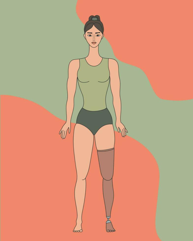 Disabled girl with prosthetic leg on colored background. Body positive and feminism. Female character with a physical disability. Hand drawn vector art