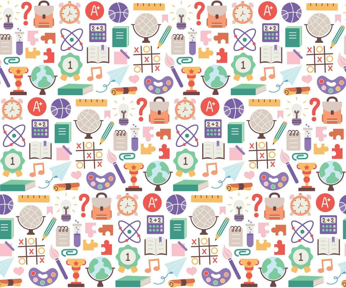 Back to school. pattern seamless of stationery for studying at school. education kids accessory. print object stuff design. graphic wallpaper element children study. background vector illustration