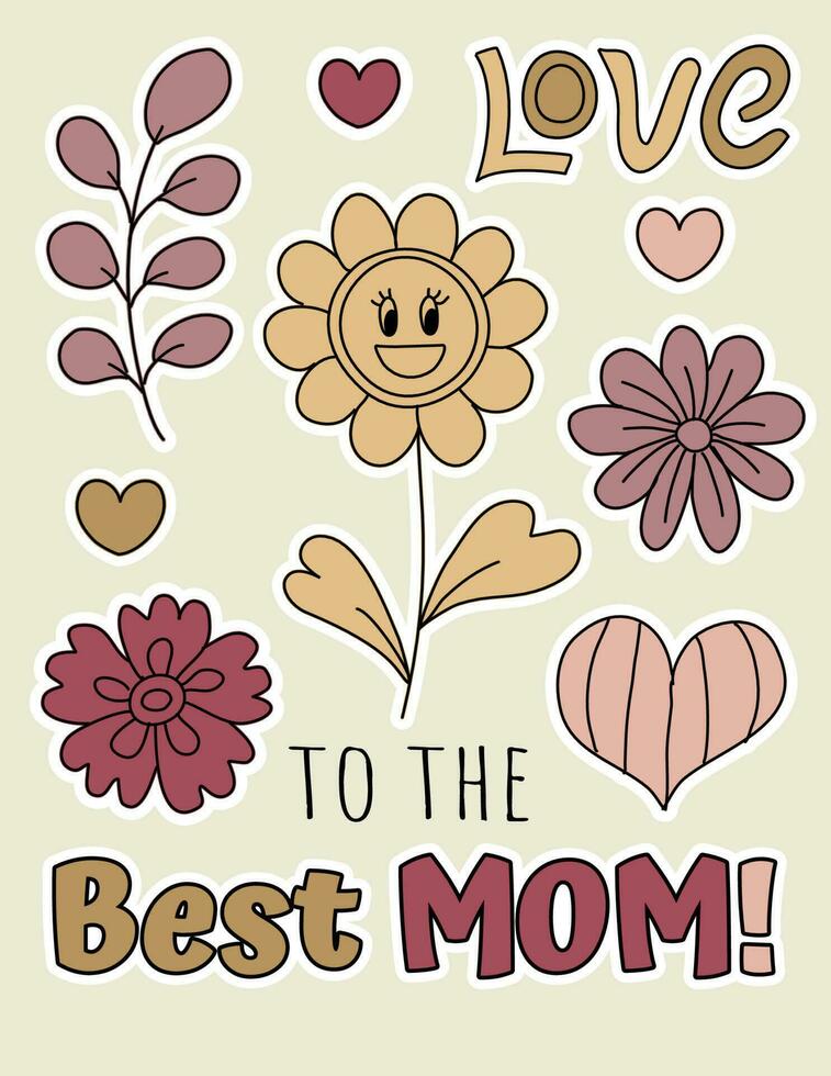 To the best Mom. Mothers Day greeting card. Beautiful hand-drawn flowers, plants and lettering. Vector illustration