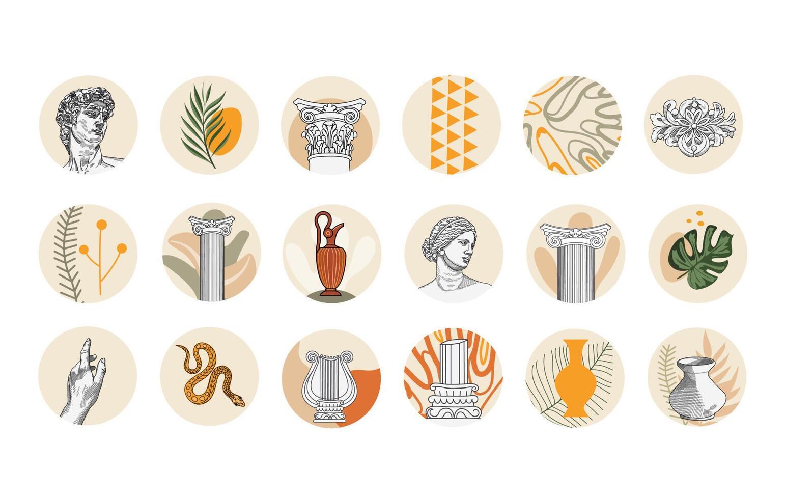 Sculpture art, Greek antique. Story highlighting icons collection for social media. Ancient Round sticker set. Trendy bohemian illustrations. Modern boho stickers for web, app and brand design. vector