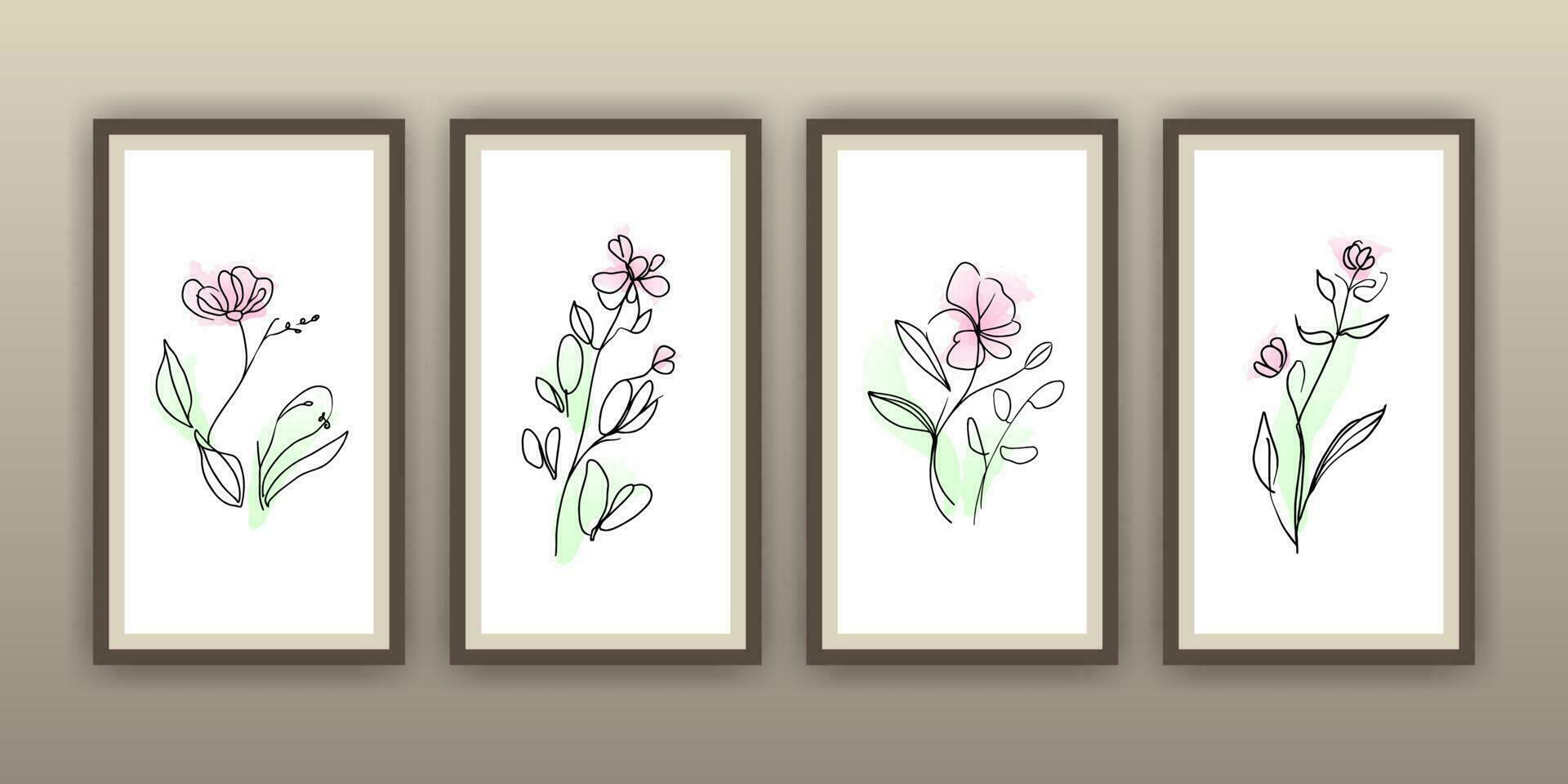 A set of framed line art prints with flowers vector