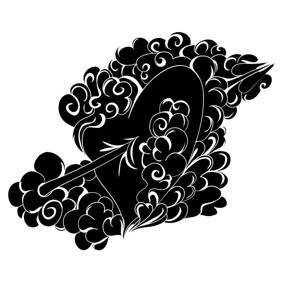 corazón con un flecha en el nubes resumen ilustración para San Valentín día, para el diseño de un romántico estado animico o tatuaje. negro ilustración. vector