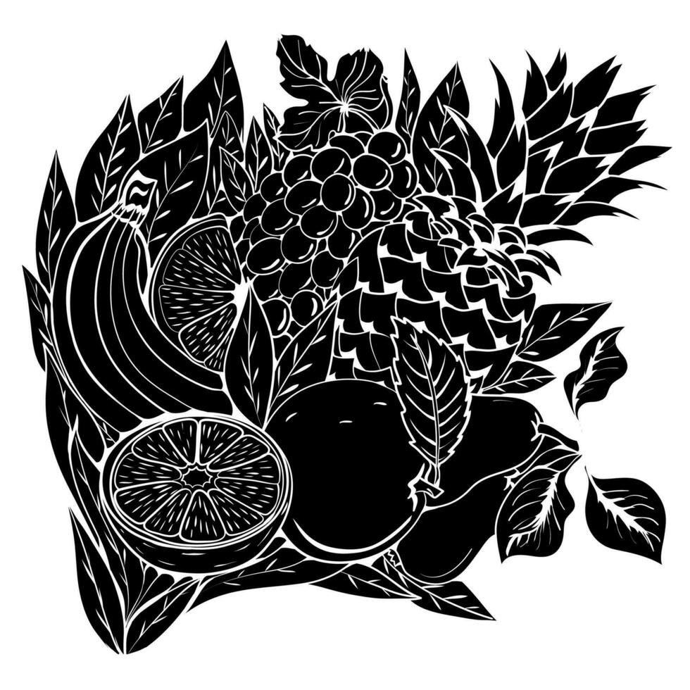 cóctel de frutas. conjunto de frutas tropicales sobre un fondo de hojas verdes. ramo de frutas. vector