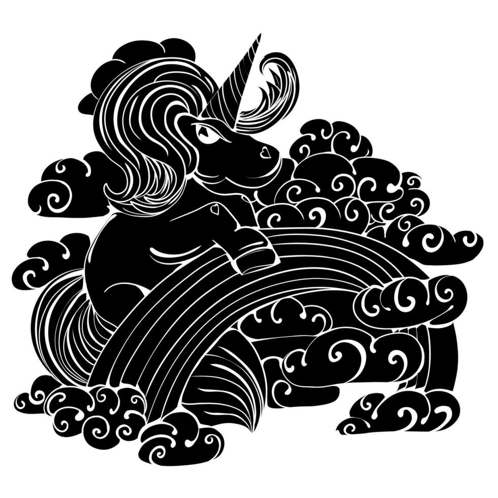 Unicorn in the clouds on the rainbow. Fun mood. Fairy tale illustration. vector
