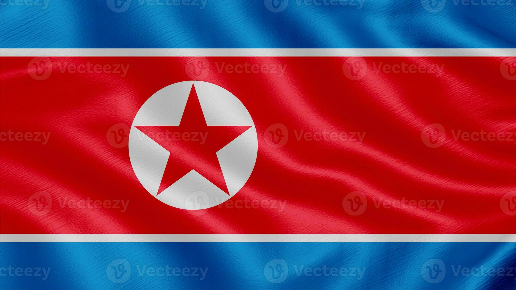 Flag of North Korea. Realistic Waving Flag 3d Render Illustration with Highly Detailed Fabric Texture photo