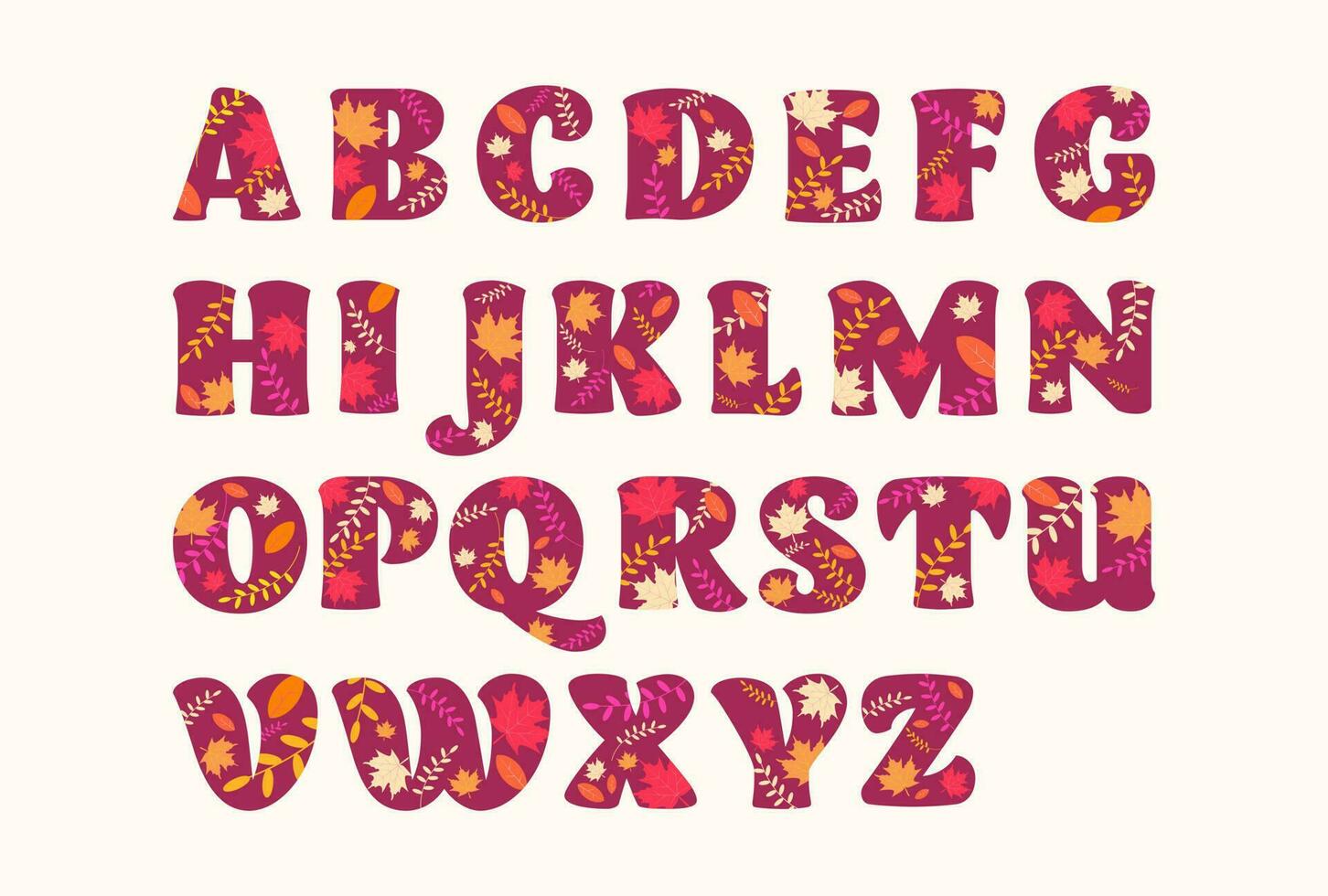 Alphabet letters in autumn style with colorful leaves. Autumn font. vector