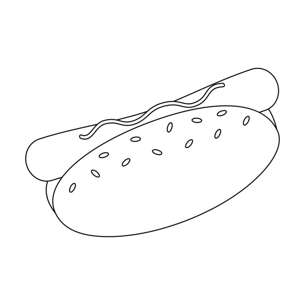 Outline drawing of Hot dog with sesame bun, sausage and mustard . Fast food. Unhealthy. Color book vector