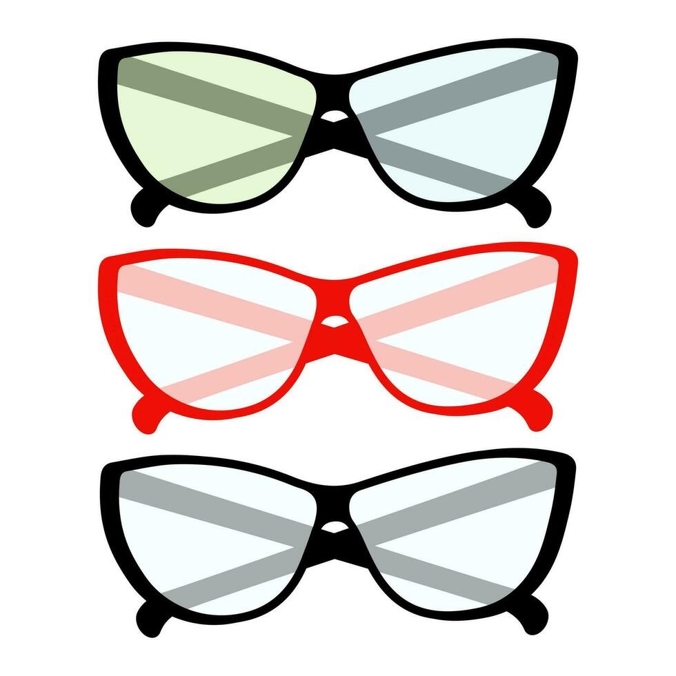 Set of 3 pairs of glasses with transparent and colorful lenses in a red and black frame. Vector. EPS vector