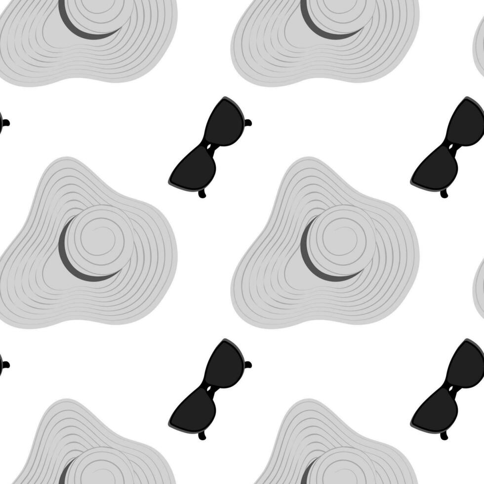 Endless pattern of a summer hat with wide brim and stripes around and sunglasses in grayscale. EPS vector