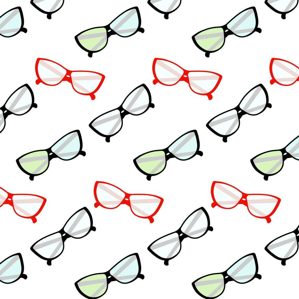 Seamless pattern of elegant glasses with clear and multi colored lenses and frames. Vector. EPS vector