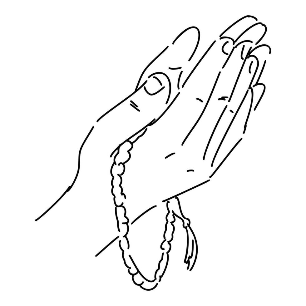 hands doing prayer pose, dua and holding tasbih, islamic prayer beads in line art, sketch style. isolated on white background. hand drawn vector illustration.