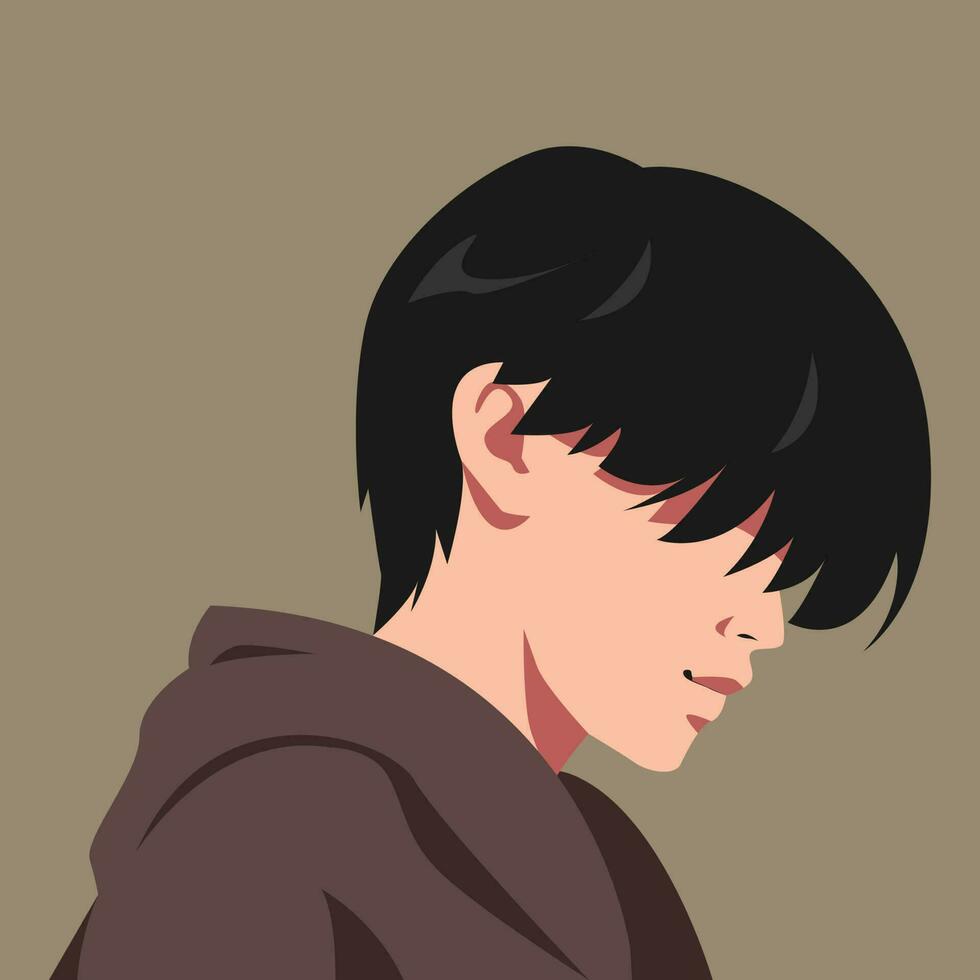 teenage boy face with hair style covering face. for avatar, social media profile, print, poster, sticker, etc. flat vector illustration.