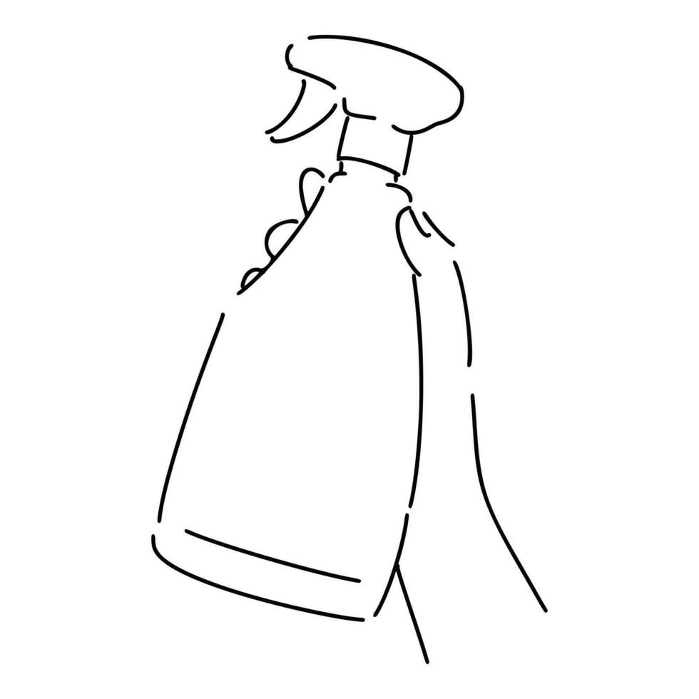 hand holding sprayer in line art style. isolated on white background. hand drawn vector illustration.