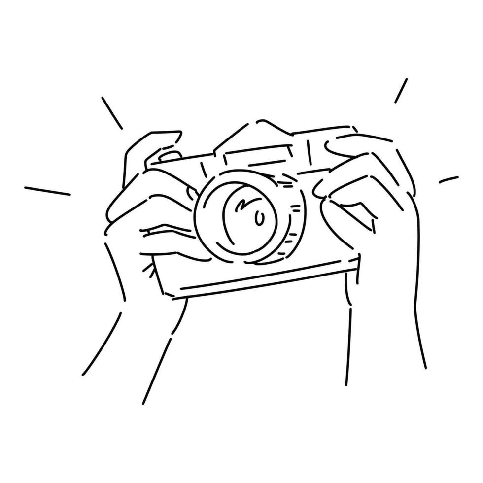 hand holding camera in line art style, sketch. isolated on white background. hand drawn vector illustration.