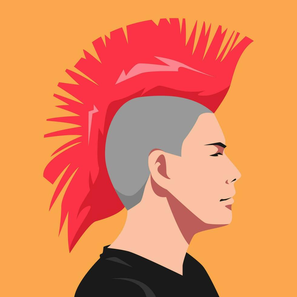 punk chico con un mohawk peinado. lado vista. adecuado para avatar, social medios de comunicación perfil, imprimir, póster. plano vector ilustración.