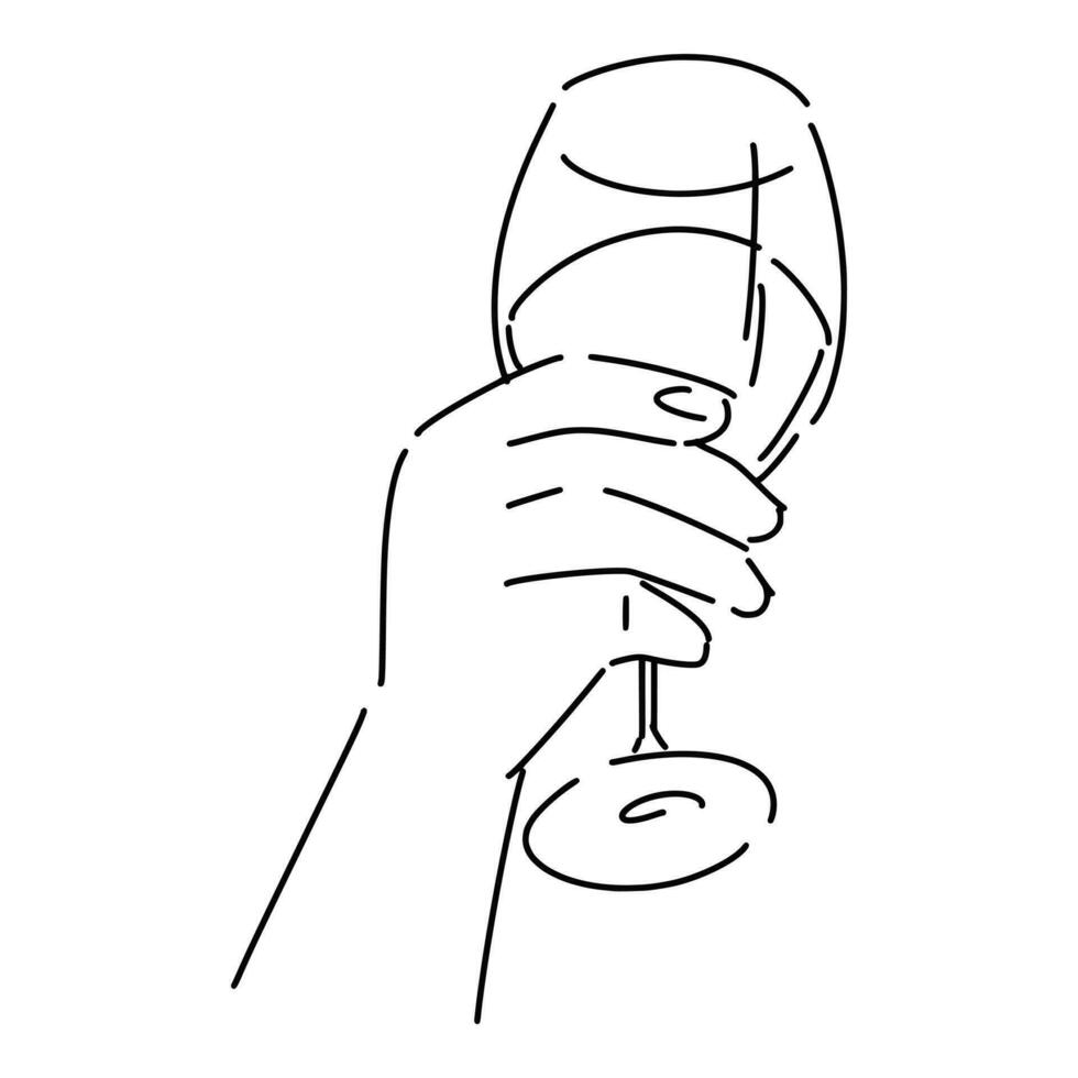 hand holding wine glass. with line art style, sketch. isolated on white background. hand drawn vector illustration.