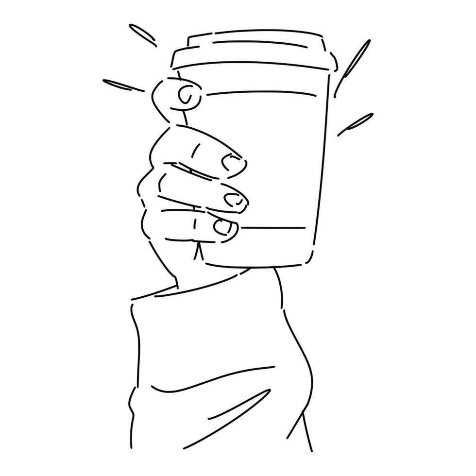 hand holding coffee cup. with line art style, sketch. isolated on white background. hand drawn vector illustration.