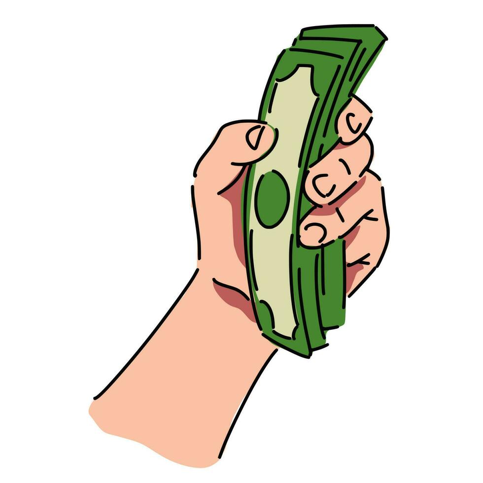 hand holding a wad of money in line art, sketch style with color. isolated on white background. hand drawn vector illustration.