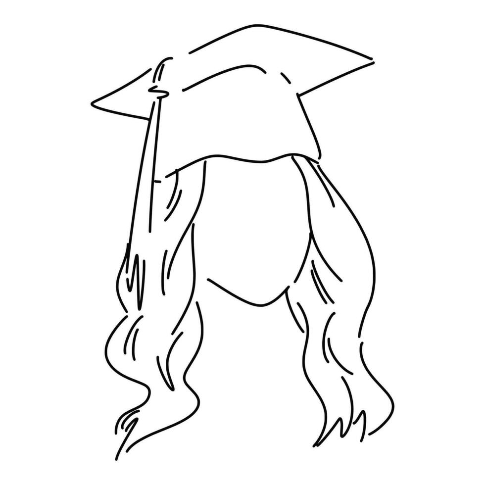 mujer cara vistiendo toga sombrero, graduación en línea arte, bosquejo estilo. aislado en blanco antecedentes. mano dibujado vector ilustración.