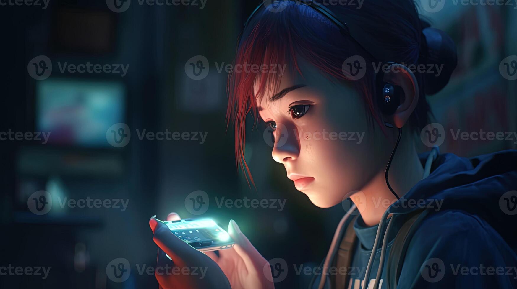 teenager playing handled game, digital art illustration, photo