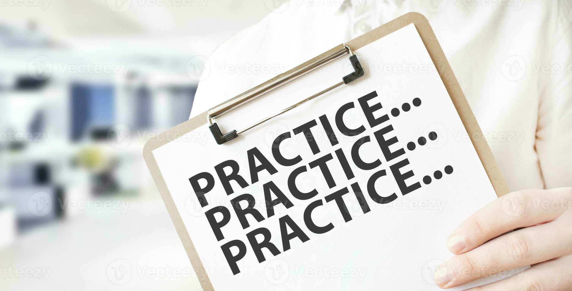 Text practice on white paper plate in businessman hands in office. Business concept photo