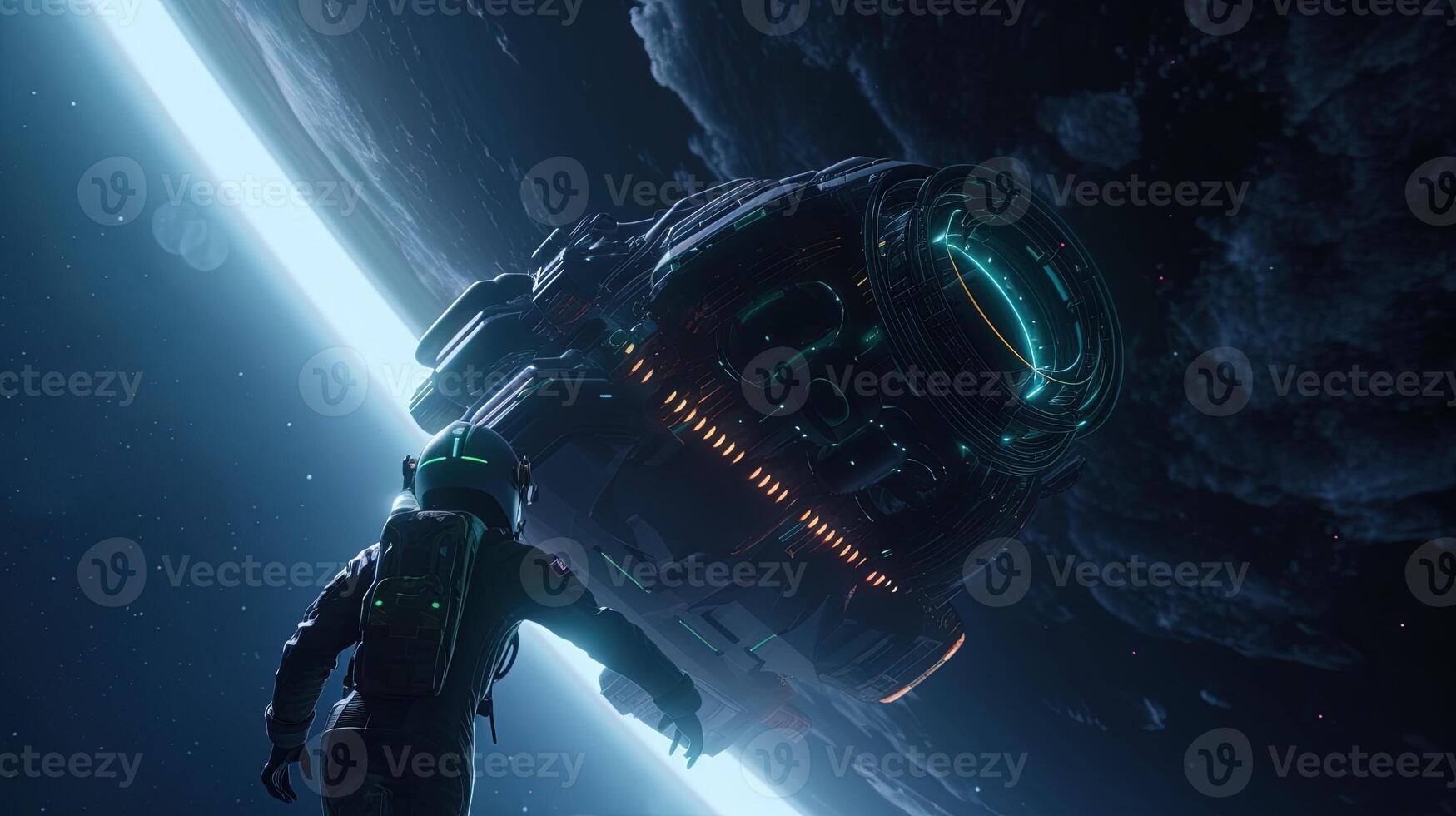 spaceship abducts human, digital art illustration, photo