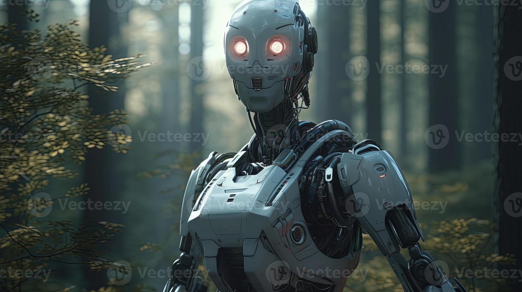 modern robot in the woods, digital art illustration, photo