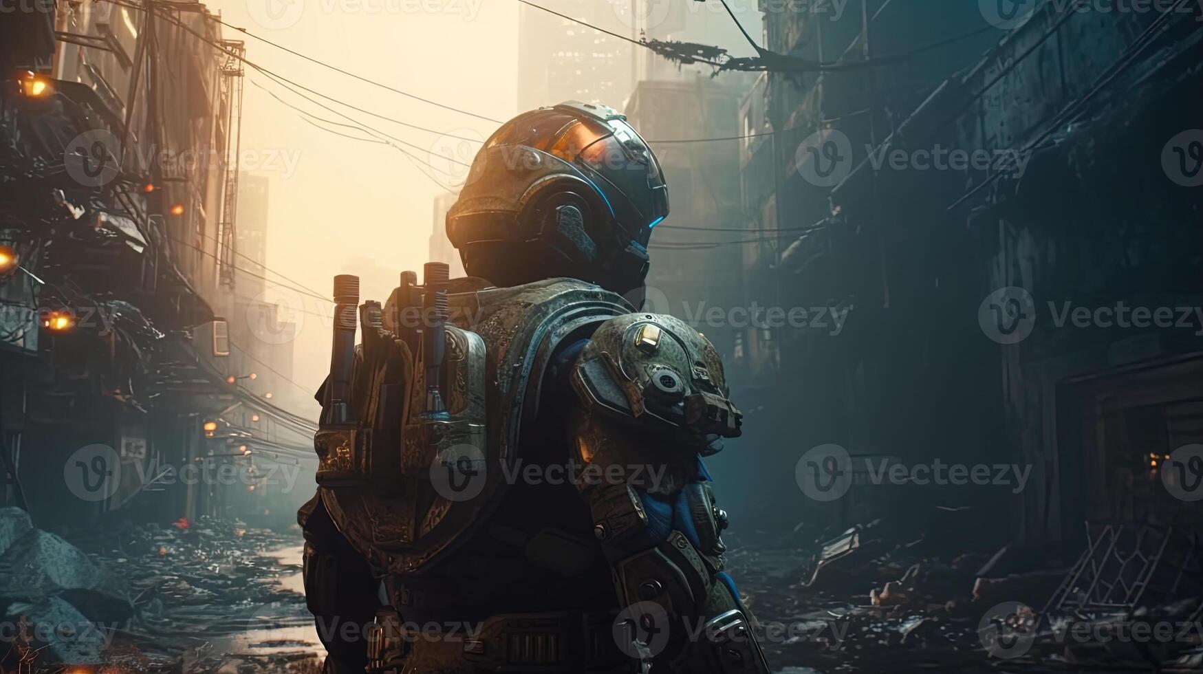 futuristic soldier on ruined city, digital art illustration, photo