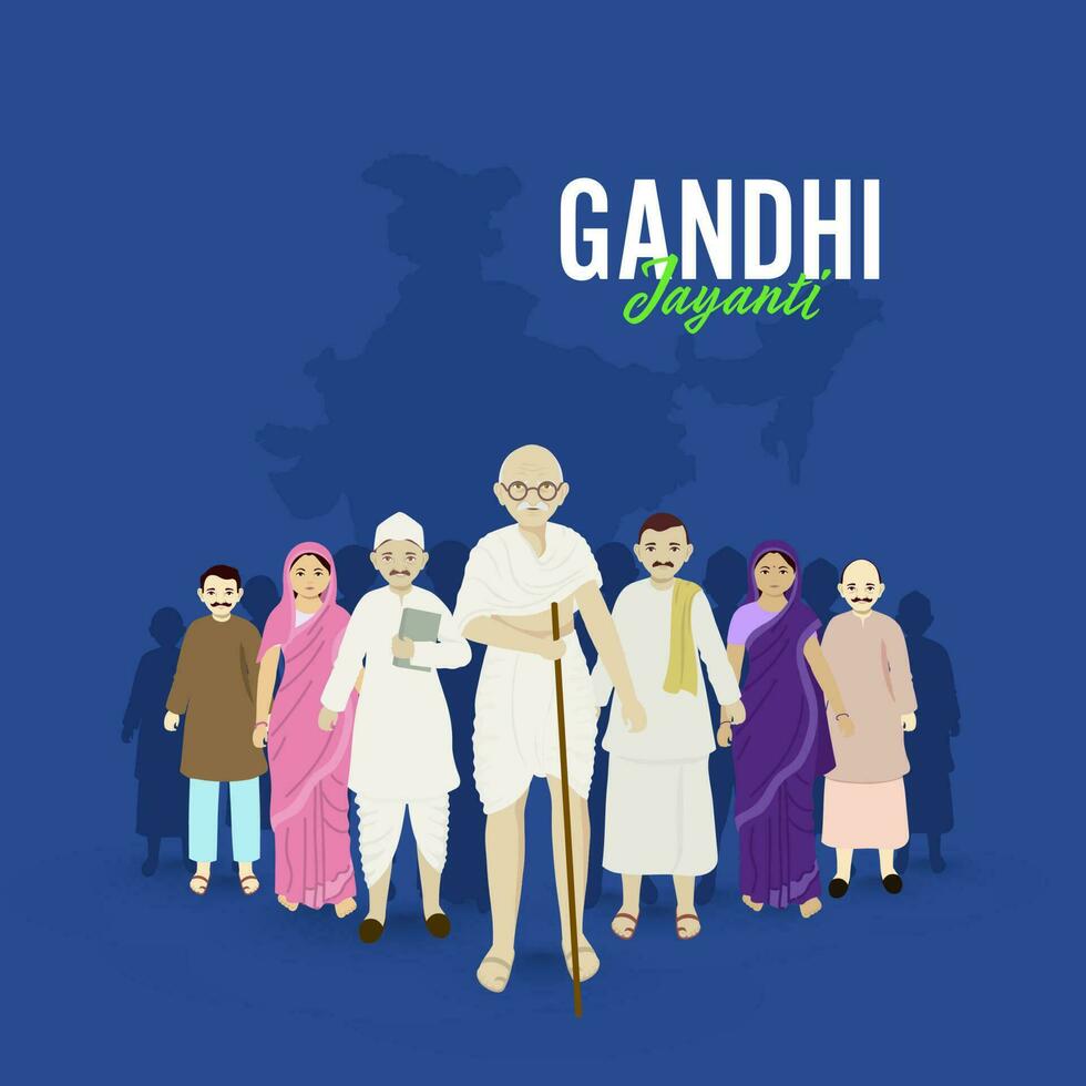 Gandhi Jayanti celebracion póster diseño con mahatma Gandhi y apoyo personas en pie en azul India mapa antecedentes. vector