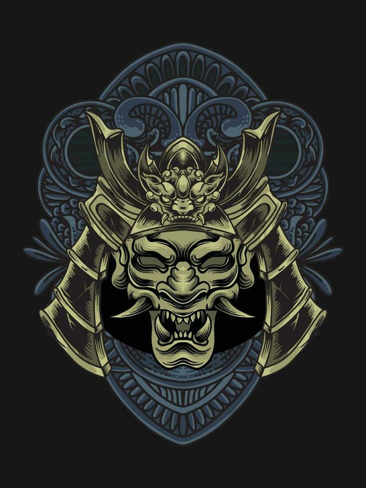 onimask samurai helmet illustration with engraving ornament vector