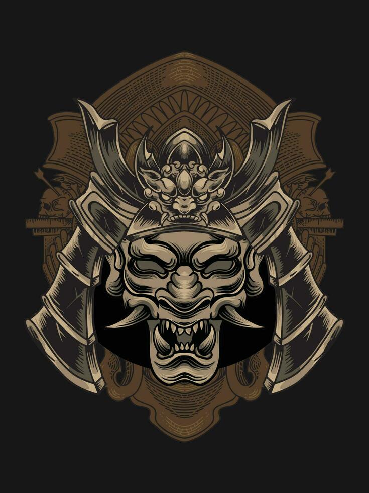 onimask samurai helmet illustration with engraving ornament vector