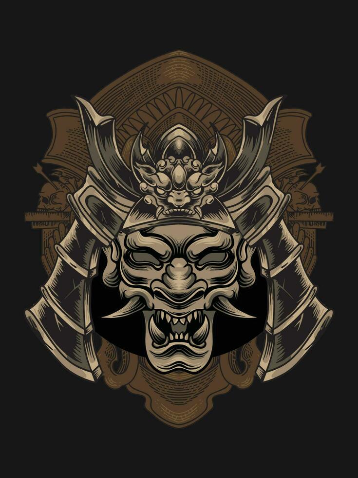 onimask samurai casco ilustración con grabado ornamento vector