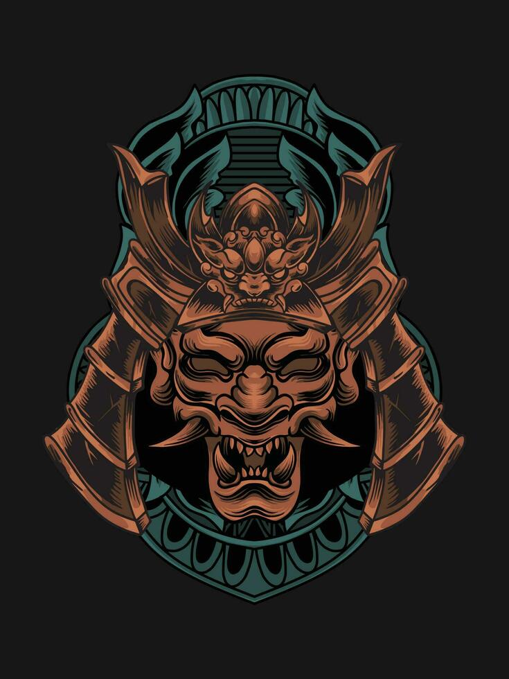 onimask samurai helmet illustration with engraving ornament vector