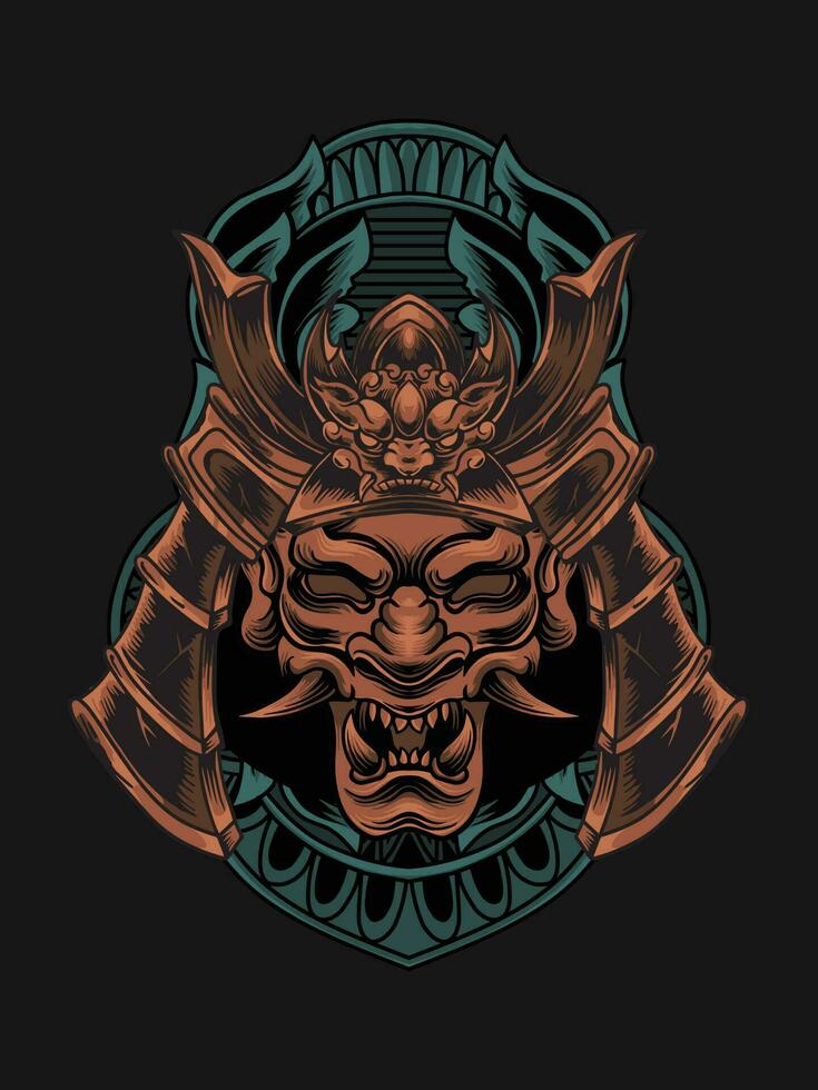 onimask samurai casco ilustración con grabado ornamento vector