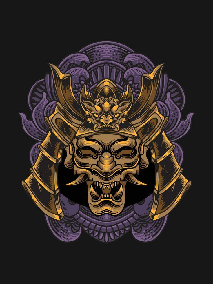 onimask samurai helmet illustration with engraving ornament vector