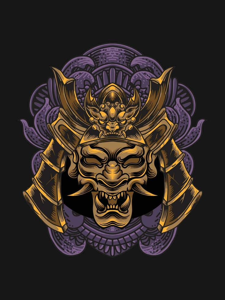 onimask samurai casco ilustración con grabado ornamento vector